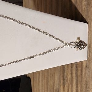 Silvertone Victoria Heart and Faux Pearl Silvertone Long Chain Necklace